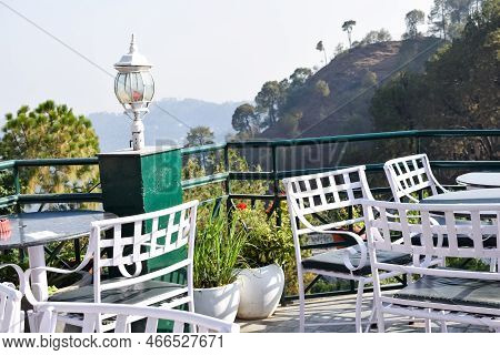 Early Morning View Of Modern Rooftop Restaurant At Kasauli, Himachal Pradesh In India, View Of Mount