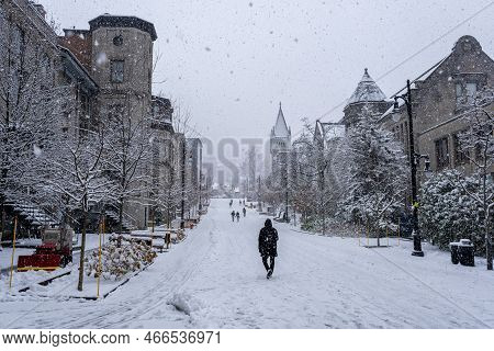 Montreal, Canada - 16 November 2022: Mc Tavish Street And Morrice Hall During Snow Storm