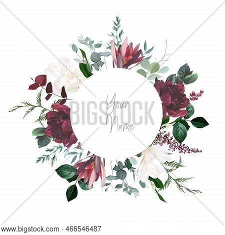 Ivory White Magnolia, Burgundy Red Peony, Cedar, Fern, Leucadendron Vector Design Invitation Frame