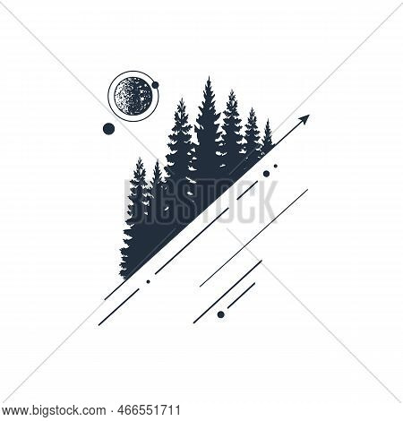 Hand Drawn Fir Trees Textured Vector Illustrations. Double Exposure With Pine Forest, Moon, And Arro