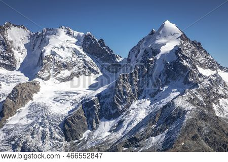 Bernina And Palu Mountain Range With Glaciers In The Alps, Engadine, Switzerland