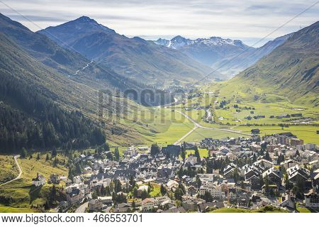 Idyllic Landscape Of Andermatt Village, Swiss Alps, Switzerland