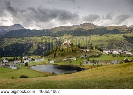 Idyllic Landscape Of Scuol Tarasp Village, Engadine, Swiss Alps, Switzerland