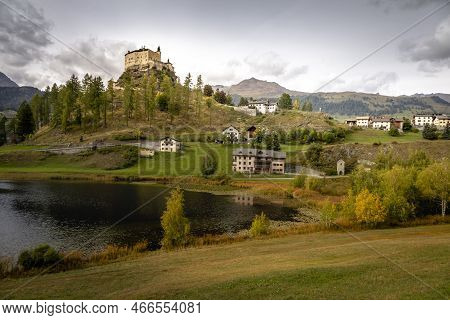 Idyllic Landscape Of Scuol Tarasp Village, Engadine, Swiss Alps, Switzerland