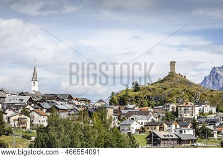 Idyllic Landscape Of Ardez Village, Engadine, Swiss Alps, Switzerland