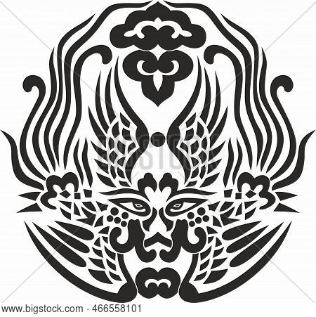 Vector Monochrome Chinese Dress Wedding Feminine Headdress Phoenix. A Harbinger Of Happiness And Wel