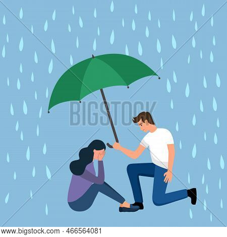 Man Comforting Depressed Crying Female Friend. He Help Relief Stress From His Partner. Woman Crying 