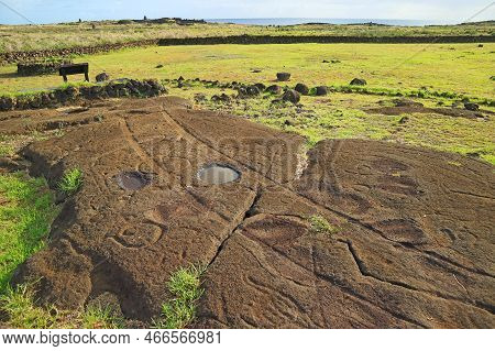 Amazing Ancient Petrogryphs At Papa Vaka Archaeological Site On Easter Island, Chile, South America