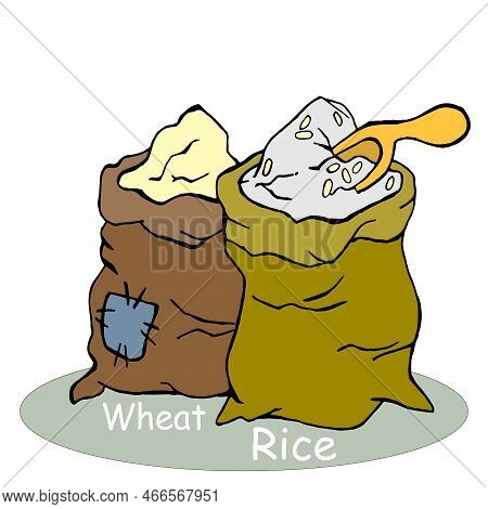 Two Bags Of Rice And Wheat With Scoop, Ladle. Problems With Grain Supplies. High Prices, Embargoes, 