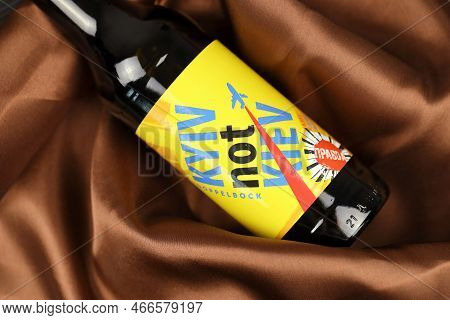 Kharkiv, Ukraine - November 3, 2021: A Bottle Of Beer Featuring Ukrainian Capital Name Kyiv Against 
