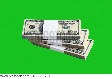 Bundle Of Us Dollar Bills Isolated On Chroma Keyer Green. Pack Of American Money With High Resolutio