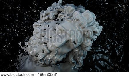 Bust Of Laocoon Drowning In Black Liquid In Contrast Lighting, Art Sculpture, 3d Visualization