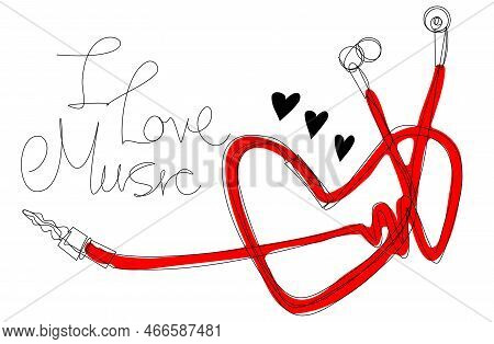 Vacuum Headphones Woven In The Heart Shape With An Arrow In A Continuous Line On A White Background.