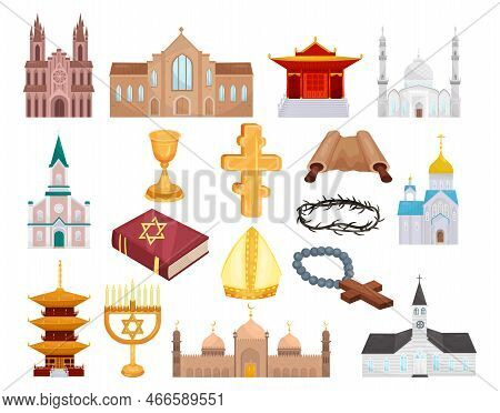 Religious Symbols With Christianity, Islam, Judaism, Orthodoxy, Buddhism And Hinduism Big Vector Set
