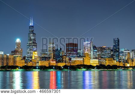 Panoramic Cityscape Of Chicago At Night, Illinois, Usa