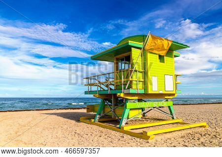 Lifeguard Tower In South Beach, Miami Beach In A Sunny Day, Florida