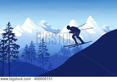 Alpine Mountain Ski Downhill. Skier On Slope Of Snowy Rock. Jump Competition In Ice Alps. Mountainsi