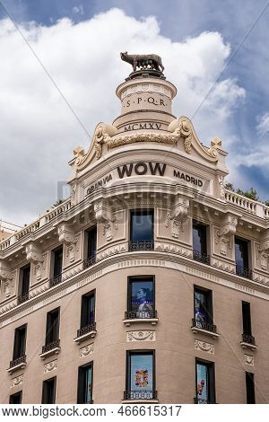 Madrid, Spain - June 20, 2022: Monument Of The She-wolf Of Rome Atop The Hotel Roma Along The Gran V