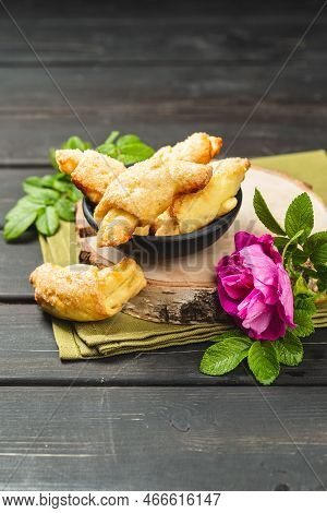 Traditional Jewish Rugelach Or Kifli Crescent Rolled Cookies With Rose Jam Filling. Freshly Home Bak