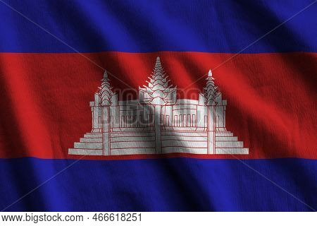 Cambodia Flag With Big Folds Waving Close Up Under The Studio Light Indoors. The Official Symbols An