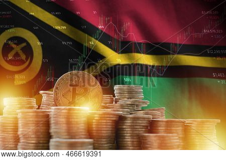 Vanuatu Flag And Big Amount Of Golden Bitcoin Coins And Trading Platform Chart. Crypto Currency Conc