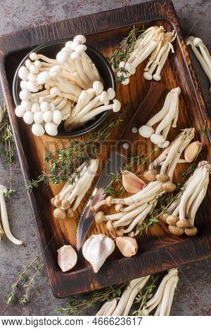 Fresh White And Brown Shimeji Edible Or Beech Mushrooms With With Cooking Ingredients Closeup On Woo