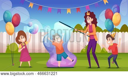 Liquids Bubbles. Happy Characters Little Kids Playing With Big Soap Bubbles Exact Vector Background 