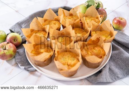 Garnishing Freshly Baked Apple Sharlotka Muffins Dusted With Powdered Sugar.