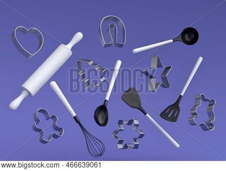 Wooden Kitchen Utensils And Cookie Cutters On Violet Background