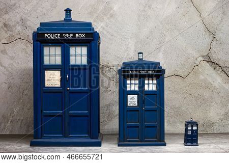 Police Call Box. Tardis From Doctor Who In Three Different Size Scales