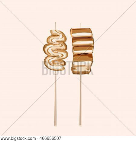 Korean Fish Cake Skewers. Vector Illustrations Set. Korean Street Food. Illustration For Restaurant 