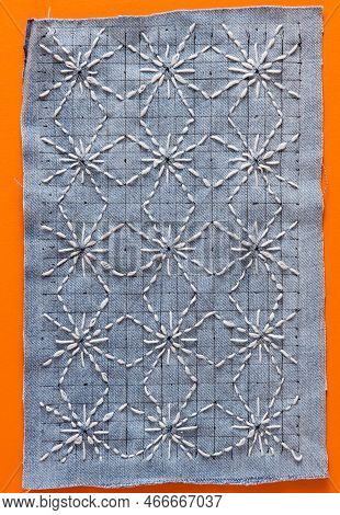 Sashiko Embroidery Sewing Stitch Blue Fabric. Traditional Japanese Sewing Pattern Call Sashiko. Lear