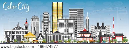 Cebu City Philippines Skyline With Gray Buildings And Blue Sky. Vector Illustration. Business Travel