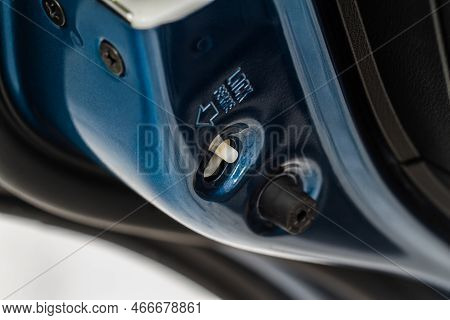 Door Lock For Child Protection. Closeup Of Car Door Locker System. Car Door Lock Knob. Child Safety 