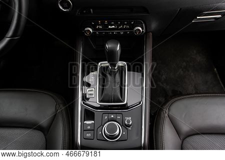 Modern Automatic Gearbox. Close Up Of The Gearbox Transmission Handle. Automatic Gear Stick.