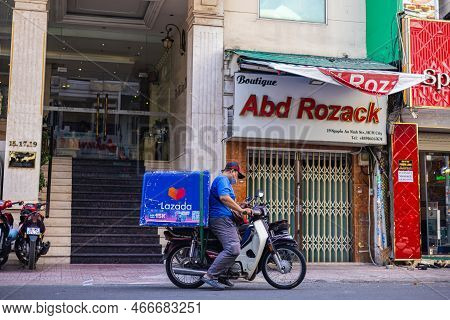 Ho Chi Minh City, Vietnam - November 10, 2022: Lazada Delivery Service In The Streets Of Saigon. Del
