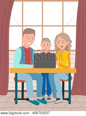 Teaching At Home. Parents Help Children With Lessons. Family Sitting At Table And Doing Homework. Mo