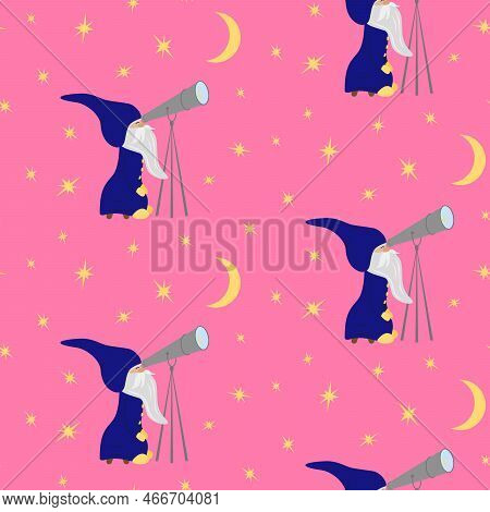Cute Gnome Stargazer Looking On The Stars And The Moon Through A Telescope