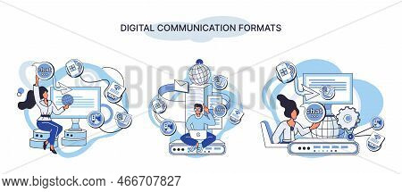 Digital Communication Formats Metaphor, Content Online Data And Social Media Streaming. Abstract Mod