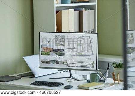 Close Up Of Computer With 3d Blueprints On Screen, Architects Workplace, Copy Space
