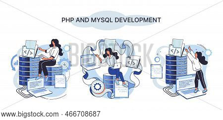 Php And Mysql Development Metaphor. Software Website Developer With Computer, Programmer Service, Op
