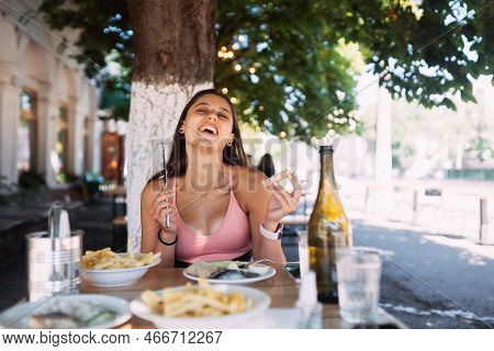 Close-up Woman Having Breakfast Cin Street Cafe Outdoors