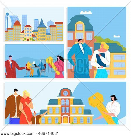 Real Estate Agency Banners Set Vector Illustration. House Sale Offering, Rent And Mortgage. Real Est