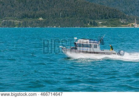 Resurrection Bay, Alaska, Usa - July 22, 2011: Closeup Of Small White Seaship Enterprise Motor Boat 