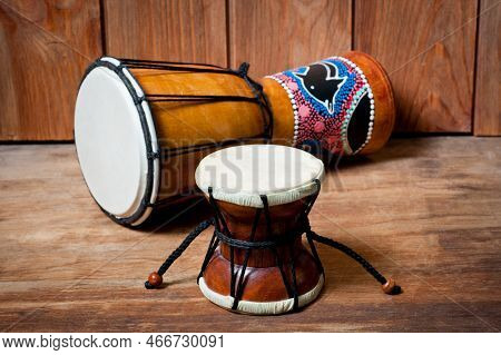 Damaru And Djembe Drums, Percussion And Musical Instruments.