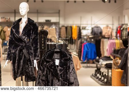 Interior Of Brand New Fashion Clothes Store. Luxury And Fashionable Brand New Interior Of Fur And Ot