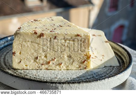 White Sheep Cheese With Aromatic Black Cumin Seeds Served Outdoor