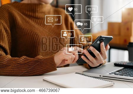 Social Media And Marketing Virtual Icons Screen Concept.close Up Of Businesswoman Typing Keyboard Ta
