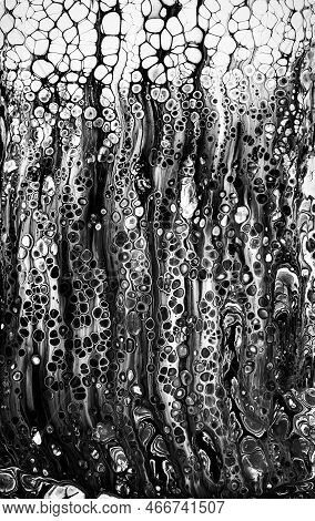Abstract Acrylic Black And White Painting. Free Flowing Cells. Pouring.