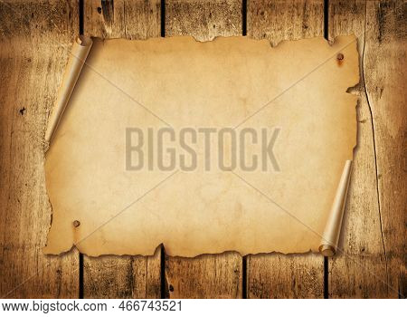Old Mediaeval Paper Sheet. Horizontal Parchment Scroll On A Wood Board Background